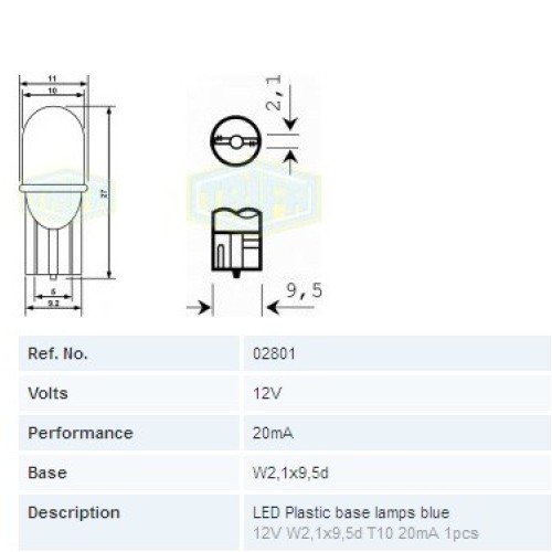 Λάμπα LED Trifa T10 12V (W2,1x9,5d) (Μπλέ)